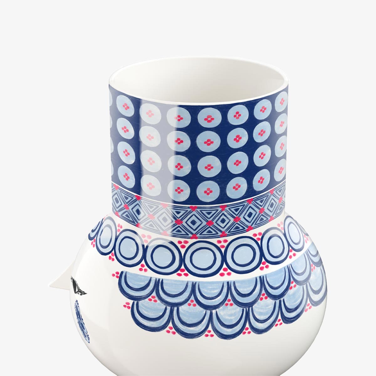 Bjorn Wiinblad Olga blue vase with red details on a white background