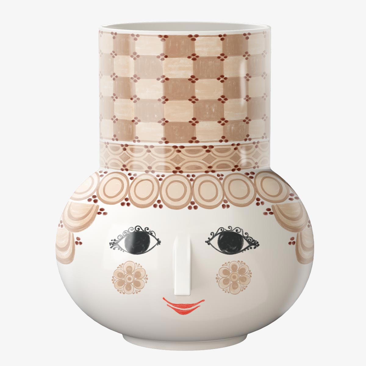Decorative Bjørn Wiinblad large Olga ceramic vase with a face design on a white background