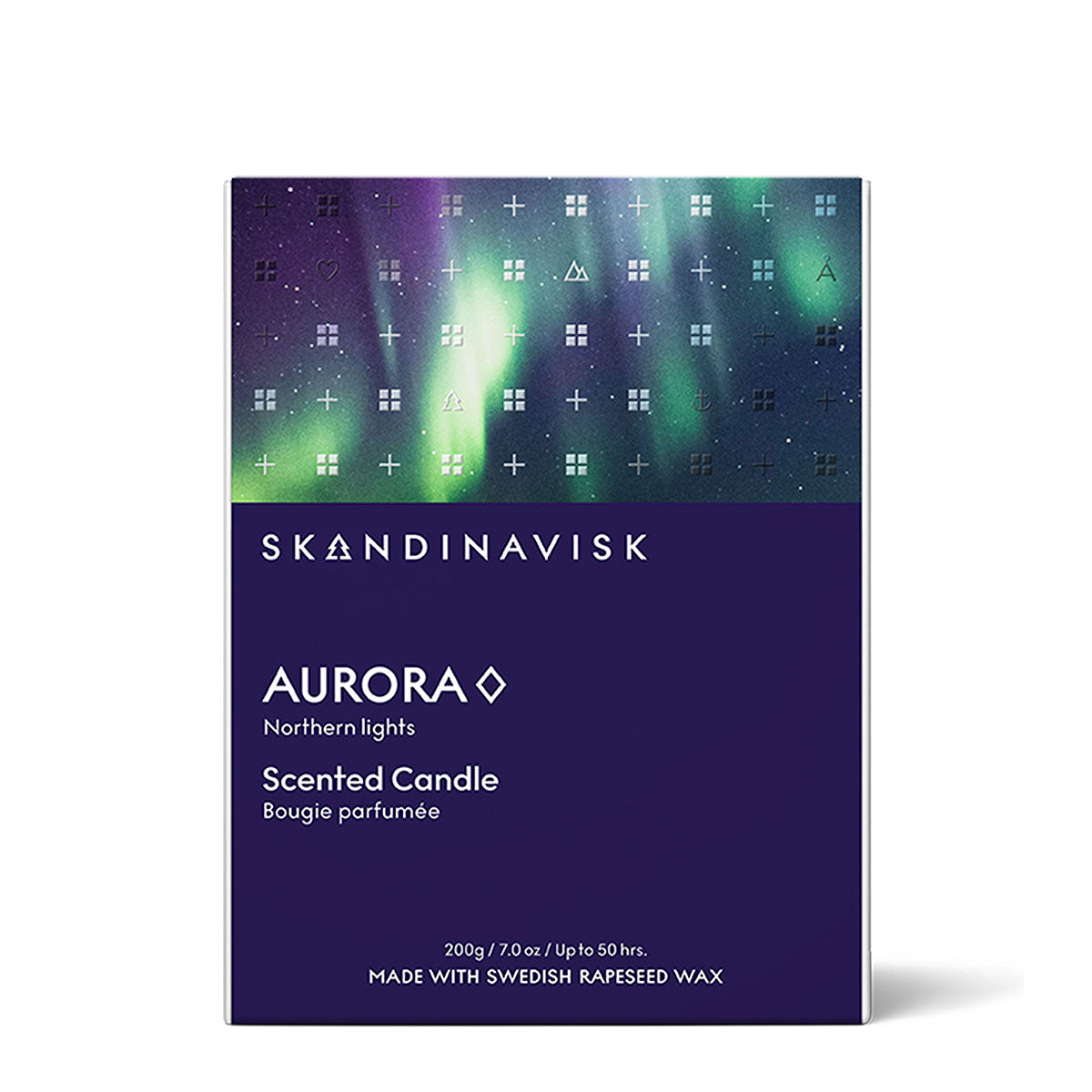 Skandinavisk Aurora scented candle packaging with Northern Lights design on a white background
