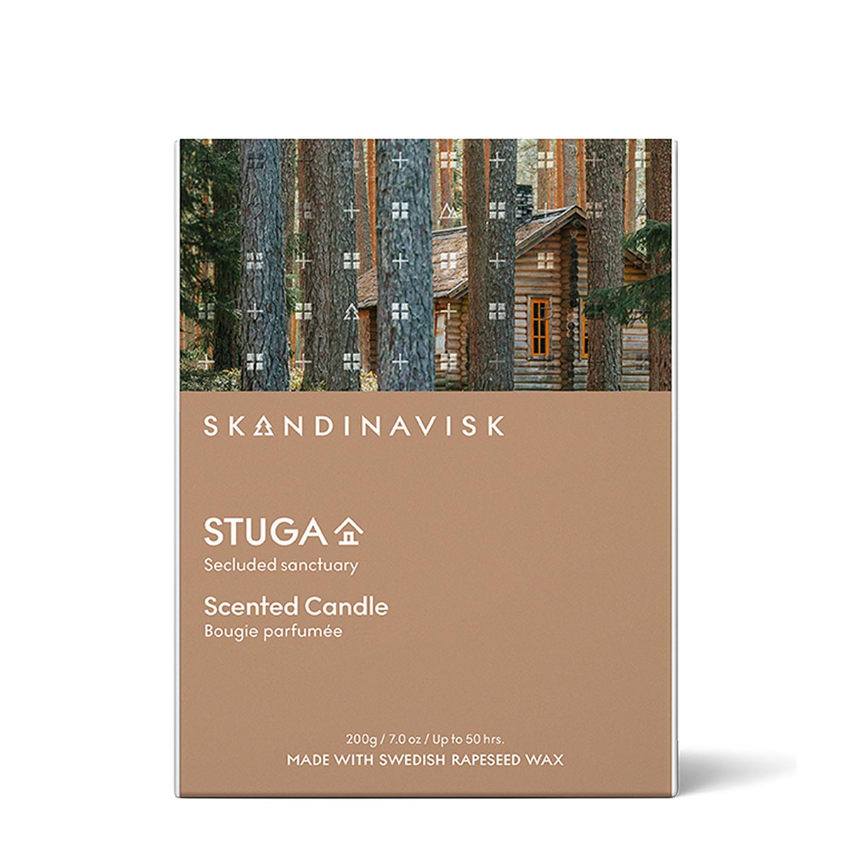 Skandinavisk Stuga scented candle packaging with forest design