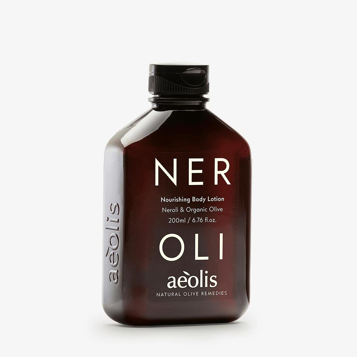Brown bottle of aeolis Neroli Nourishing Body Lotion on a white background