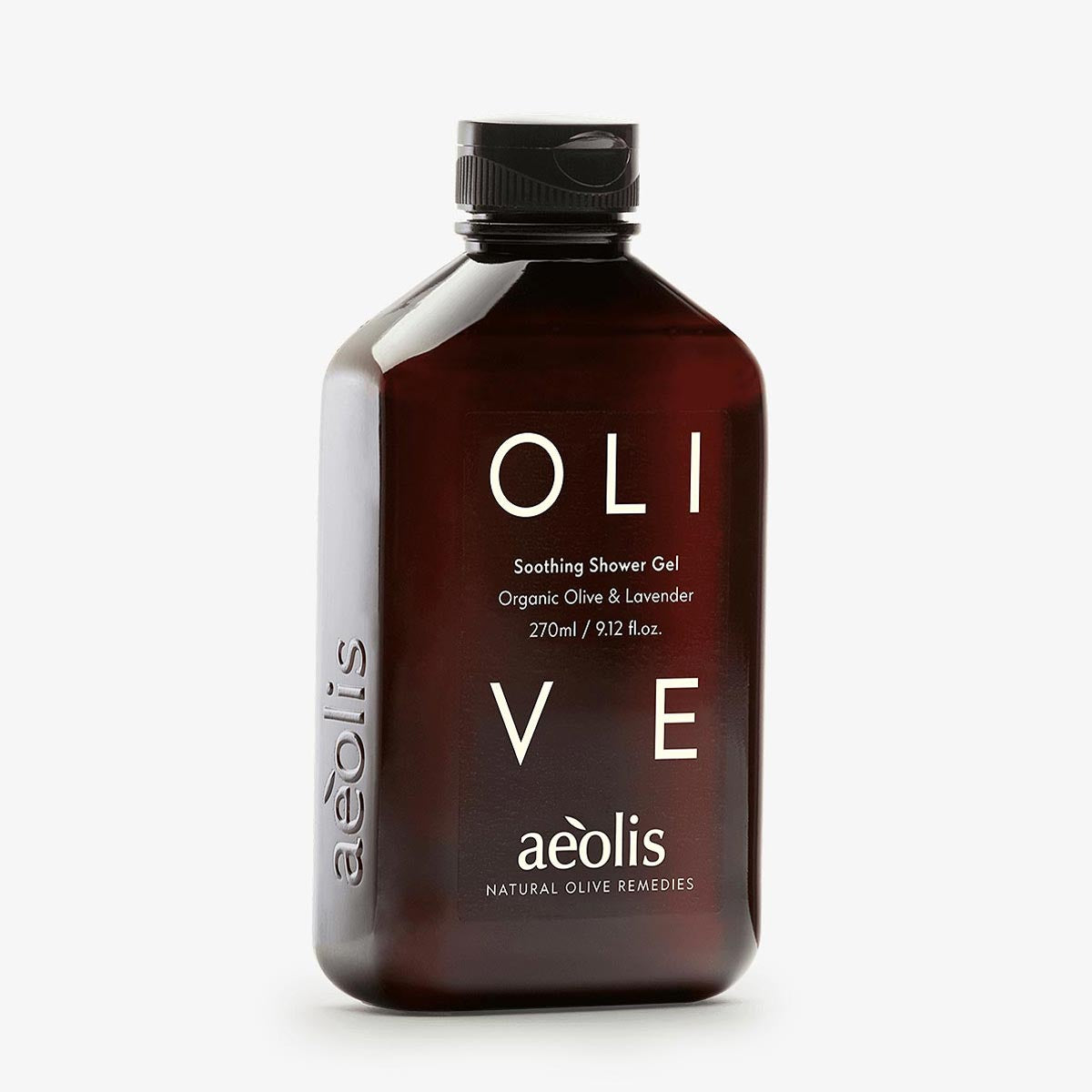 Brown bottle of aeolis Olive Soothing Shower Gel on a white background