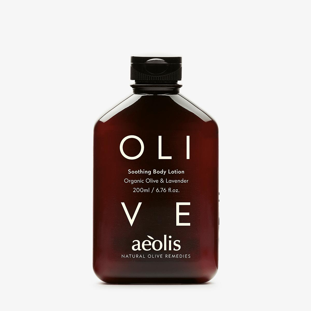 Bottle of aeolis Olive Soothing Body Lotion on a white background