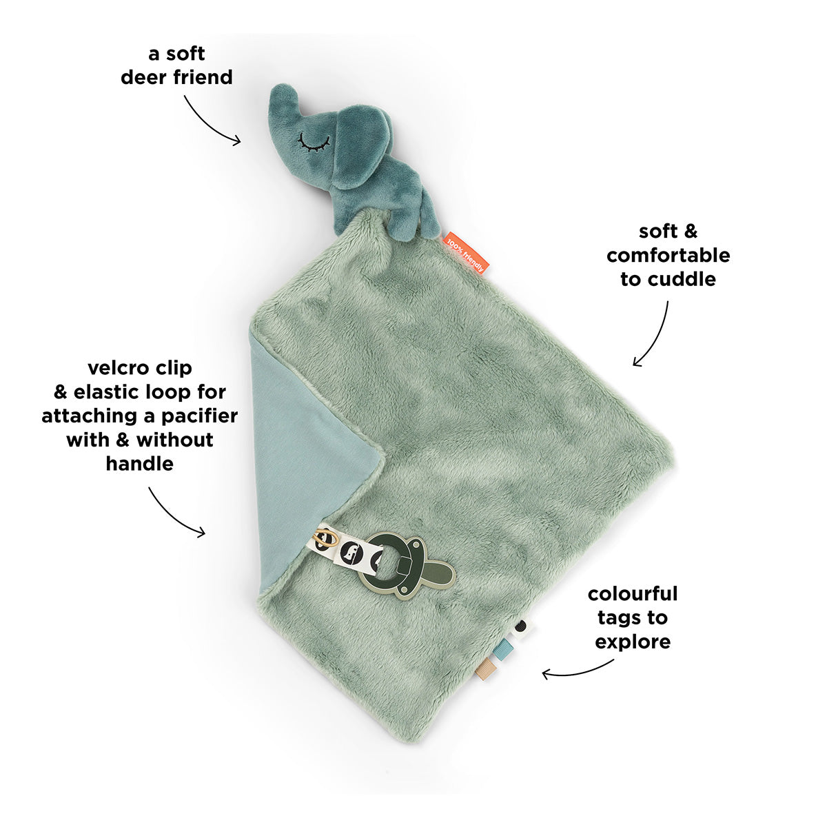 Done by Deer 'Elphee' comfort blanket with pacifier attachment against a white background with annotated features.