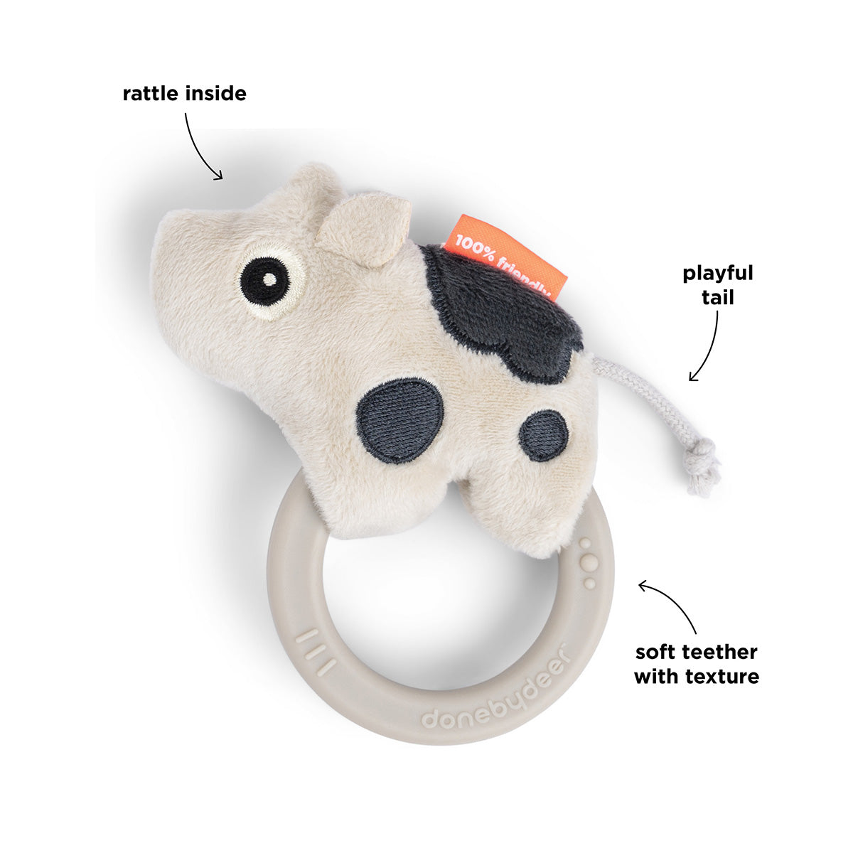 Done by Deer 'Dotti' sensory rattle teether against a white background with annotated features.