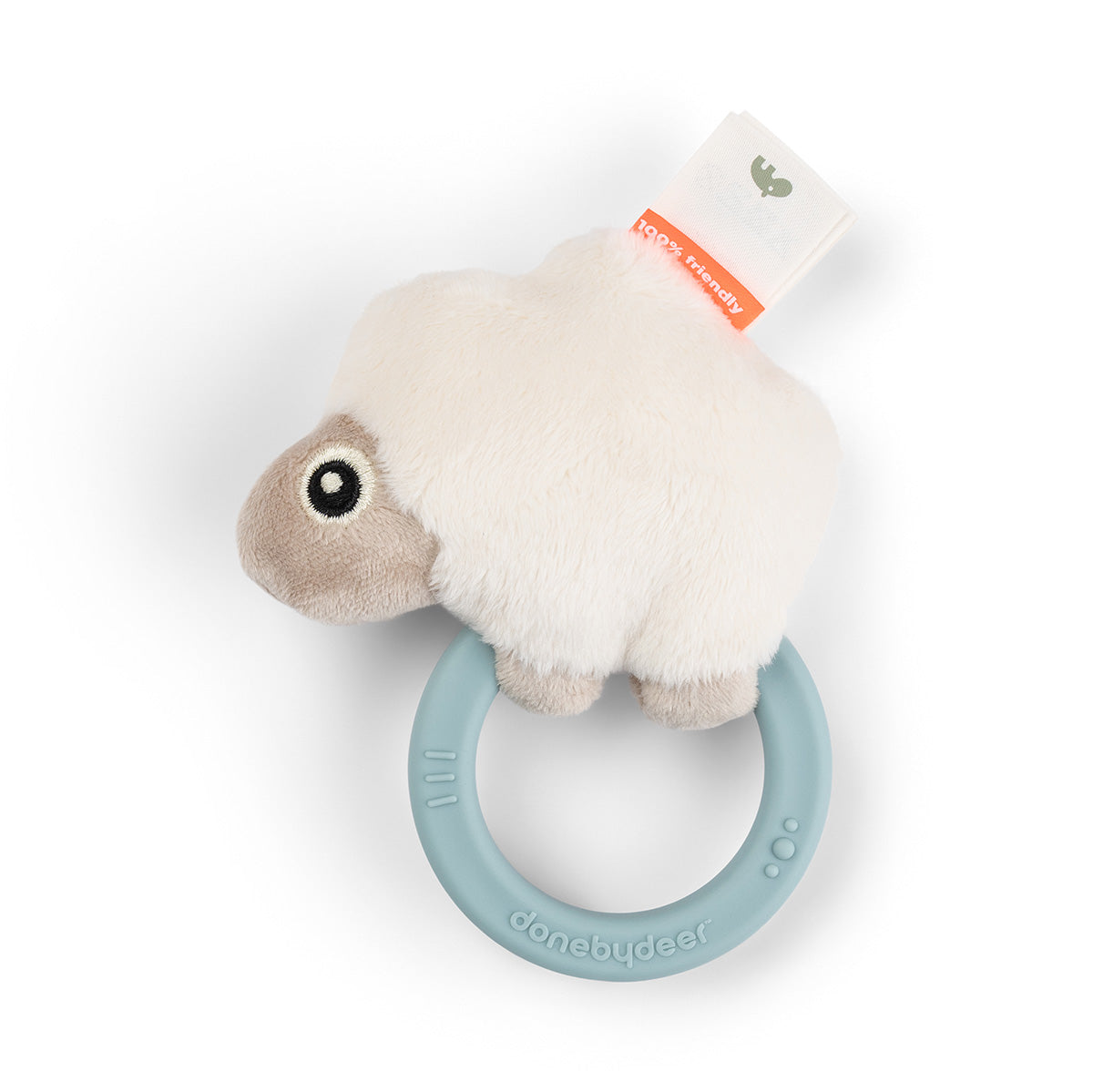 Done by Deer 'Sheepy' sensory rattle and teether against a white background.