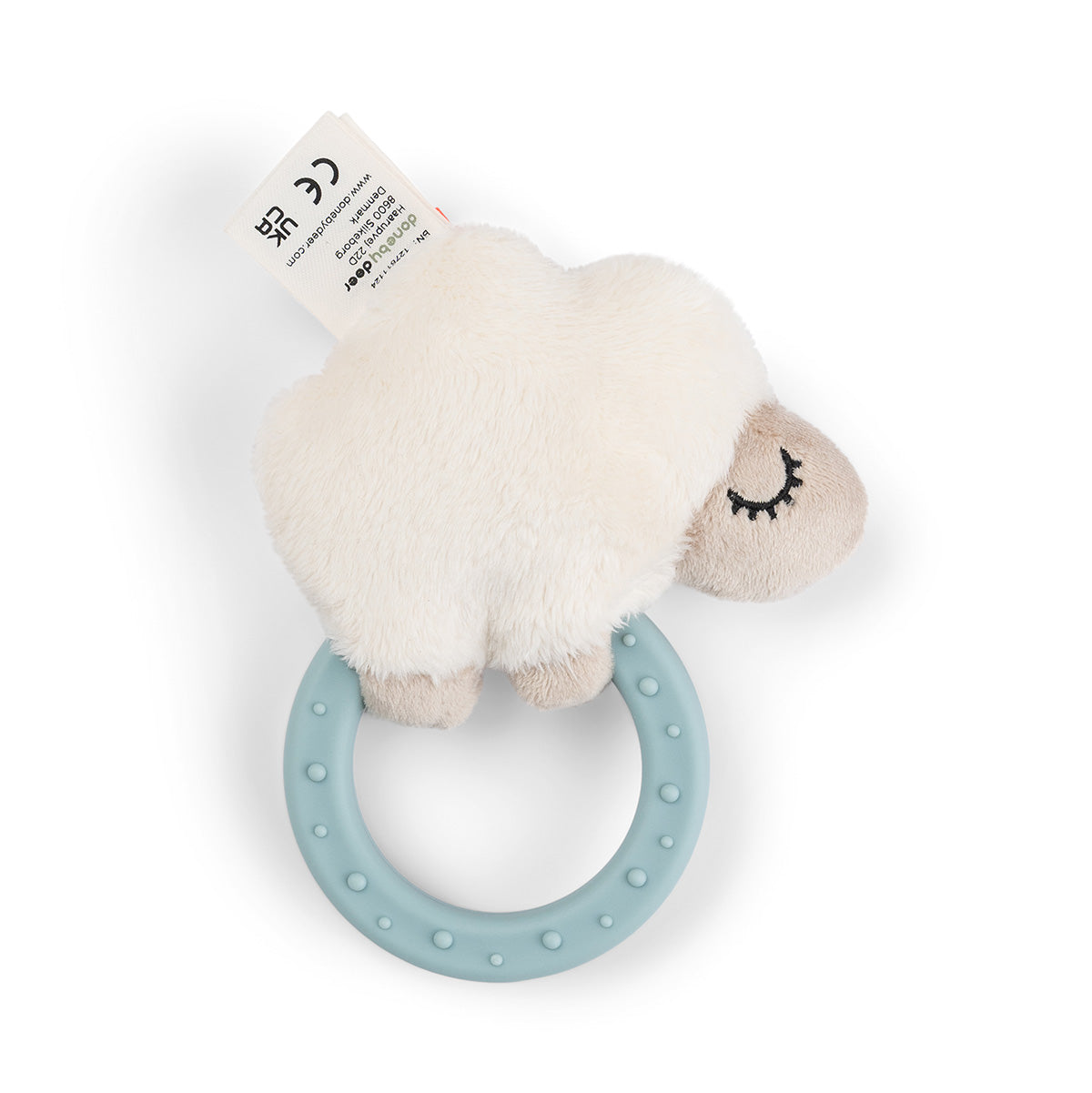 The reverse side of Done by Deer 'Sheepy' sensory rattle and teether against a white background.
