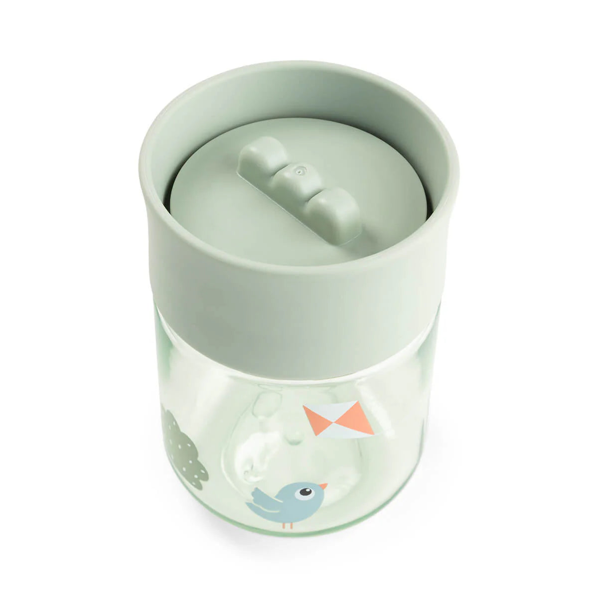 Image taken from above of the Done by Deer 360 drinking cup in mint green against a white background.