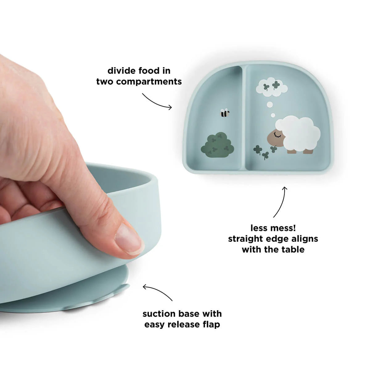Done by Deer stay stick compartment bowl with annotations of features on a white background.