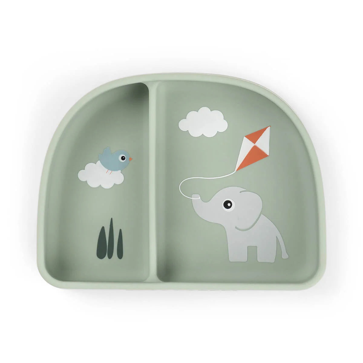 Done by Deer two compartment bowl in sage green against a white background.