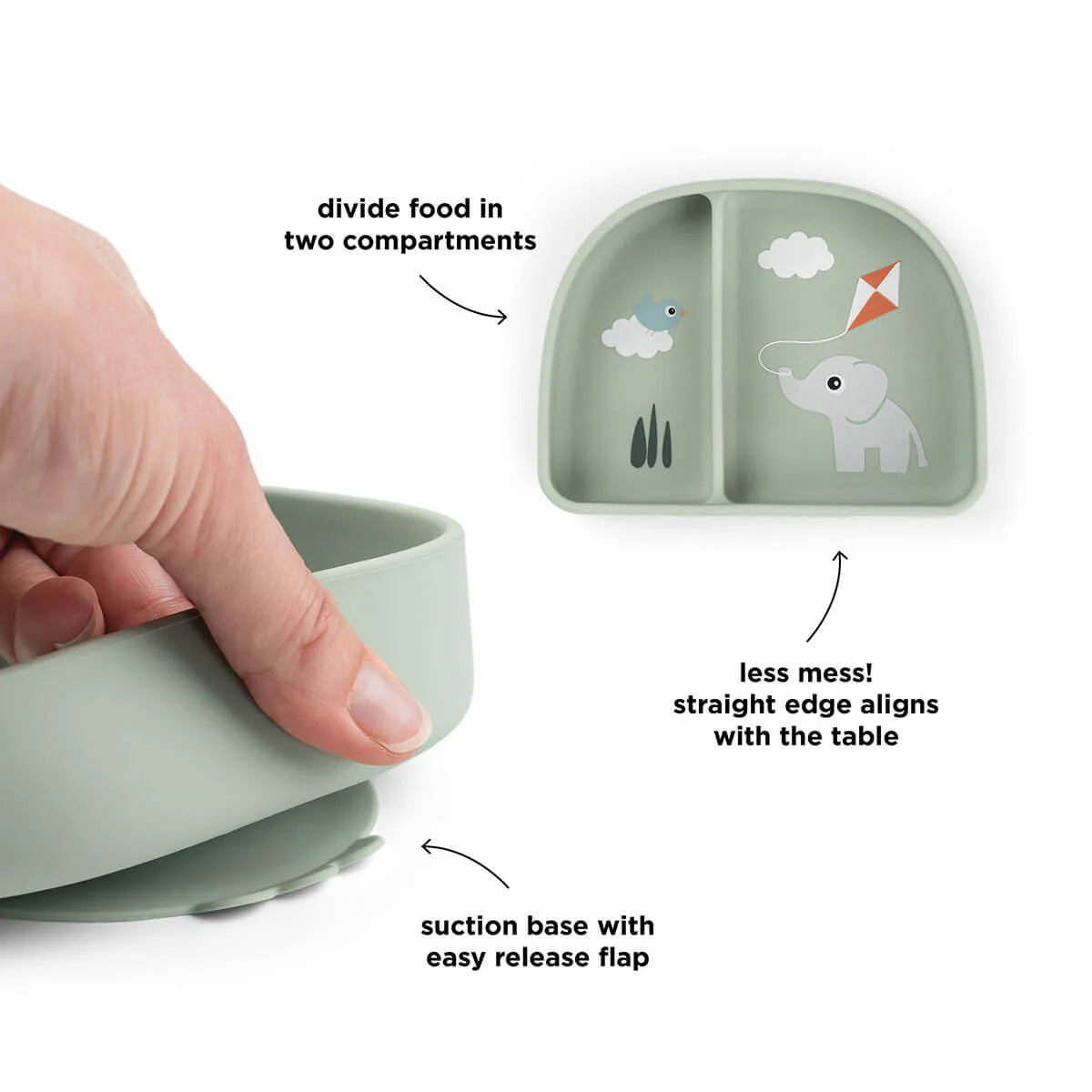 Done by Deer stay stick compartment bowl with annotations of features on a white background.