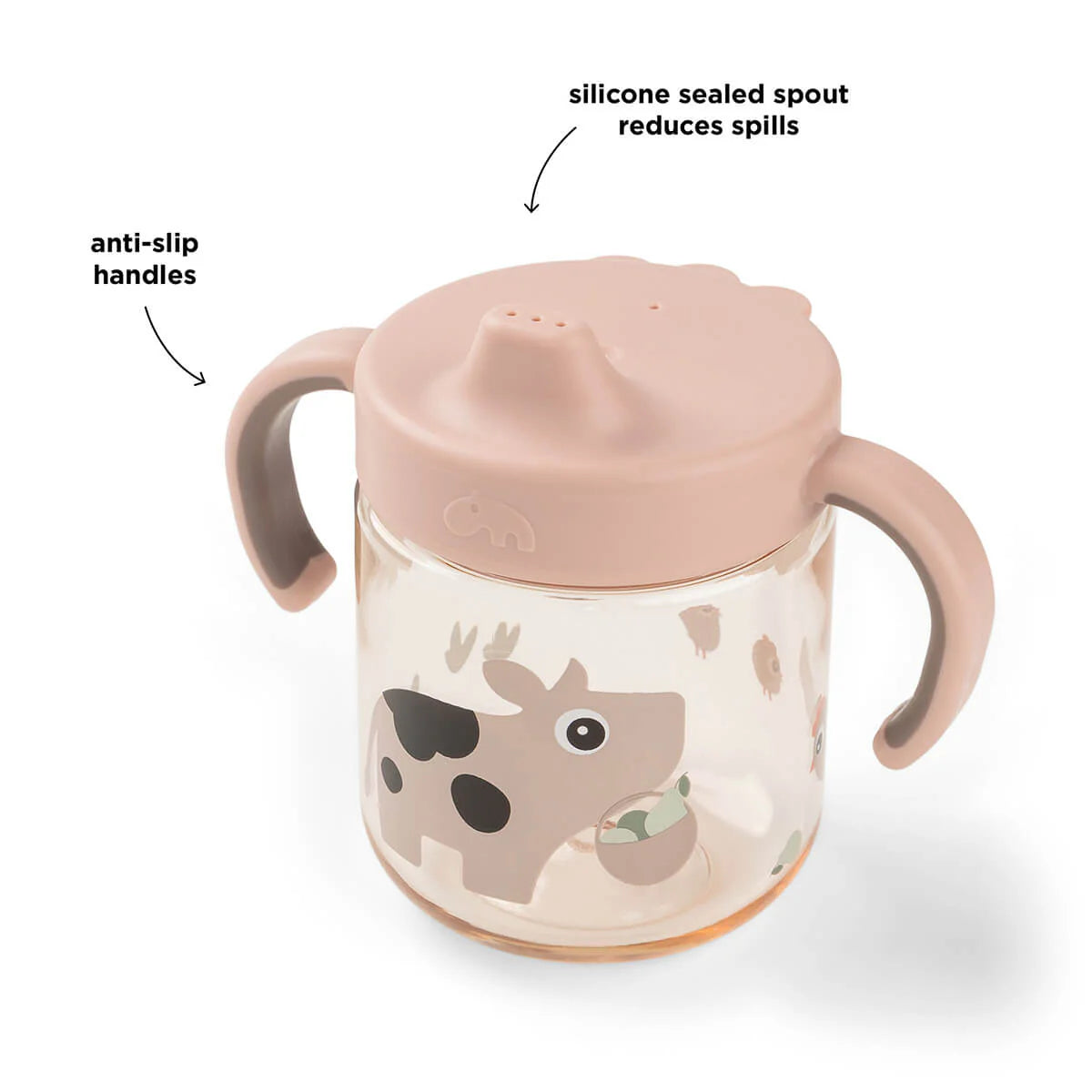 Done by Deer powder pink grippy spout cup with annotated features on a white background.