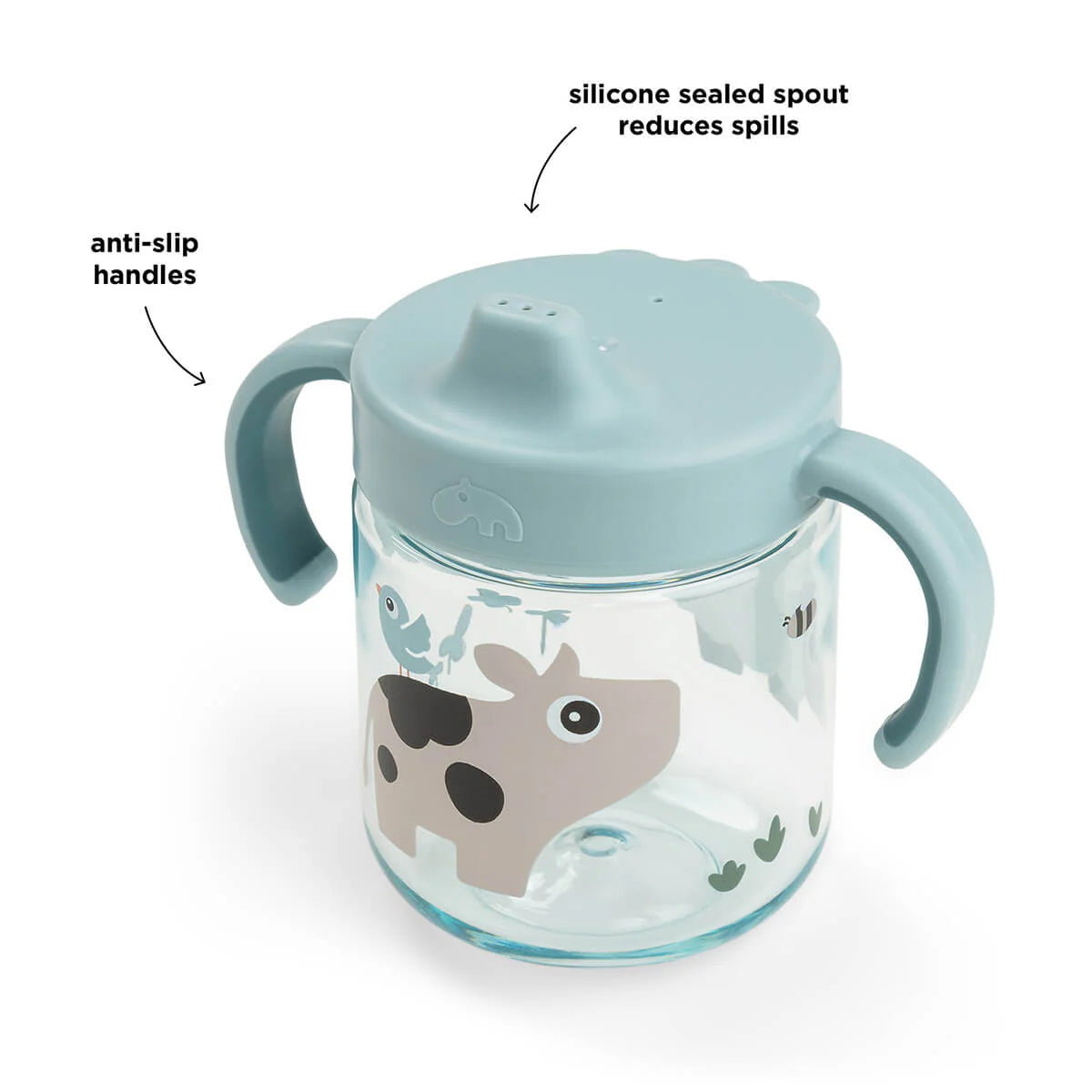 Done by Deer blue grippy spout cup with annotated features on a white background.