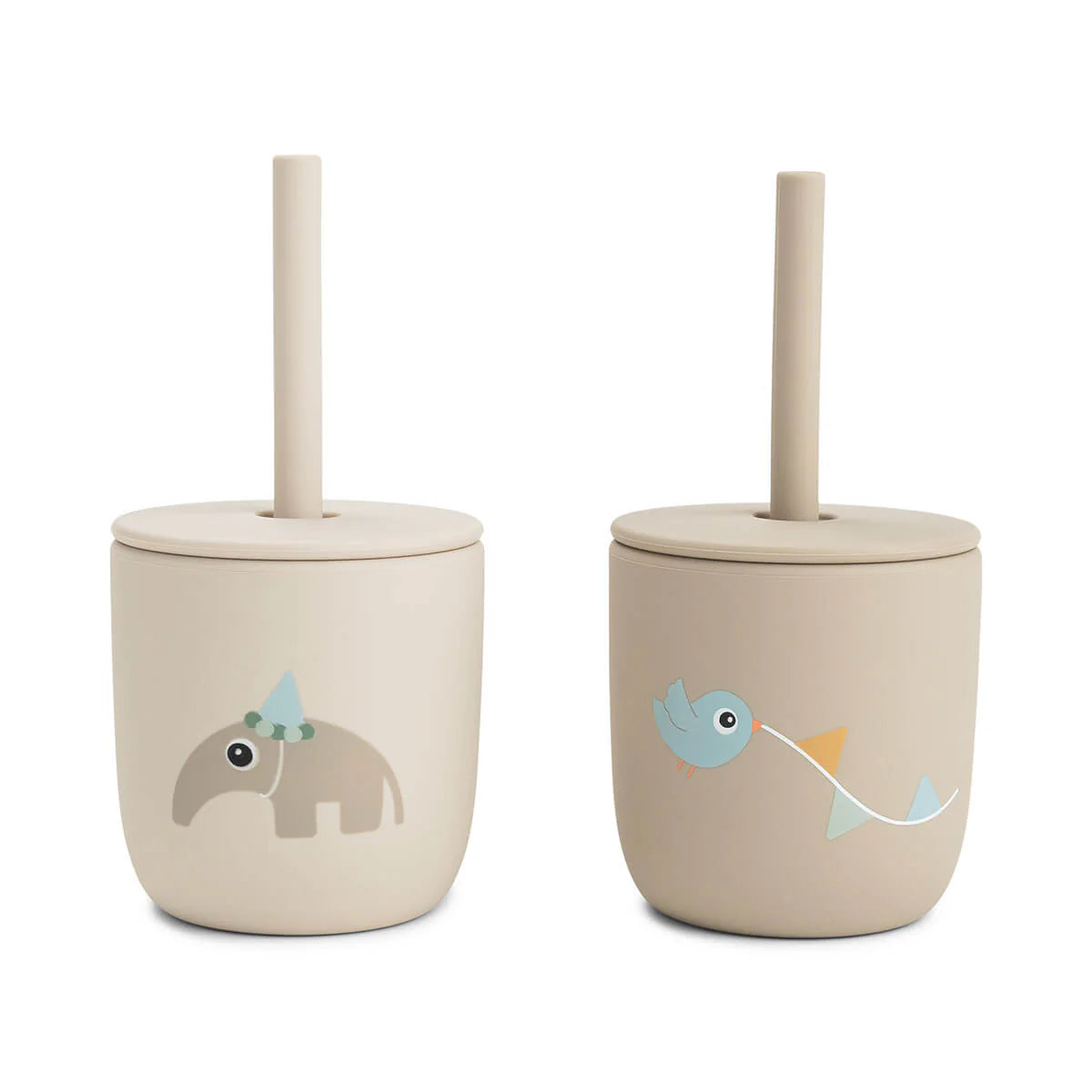 Two beige silicone straw cups by Done by Deer set against a white background.