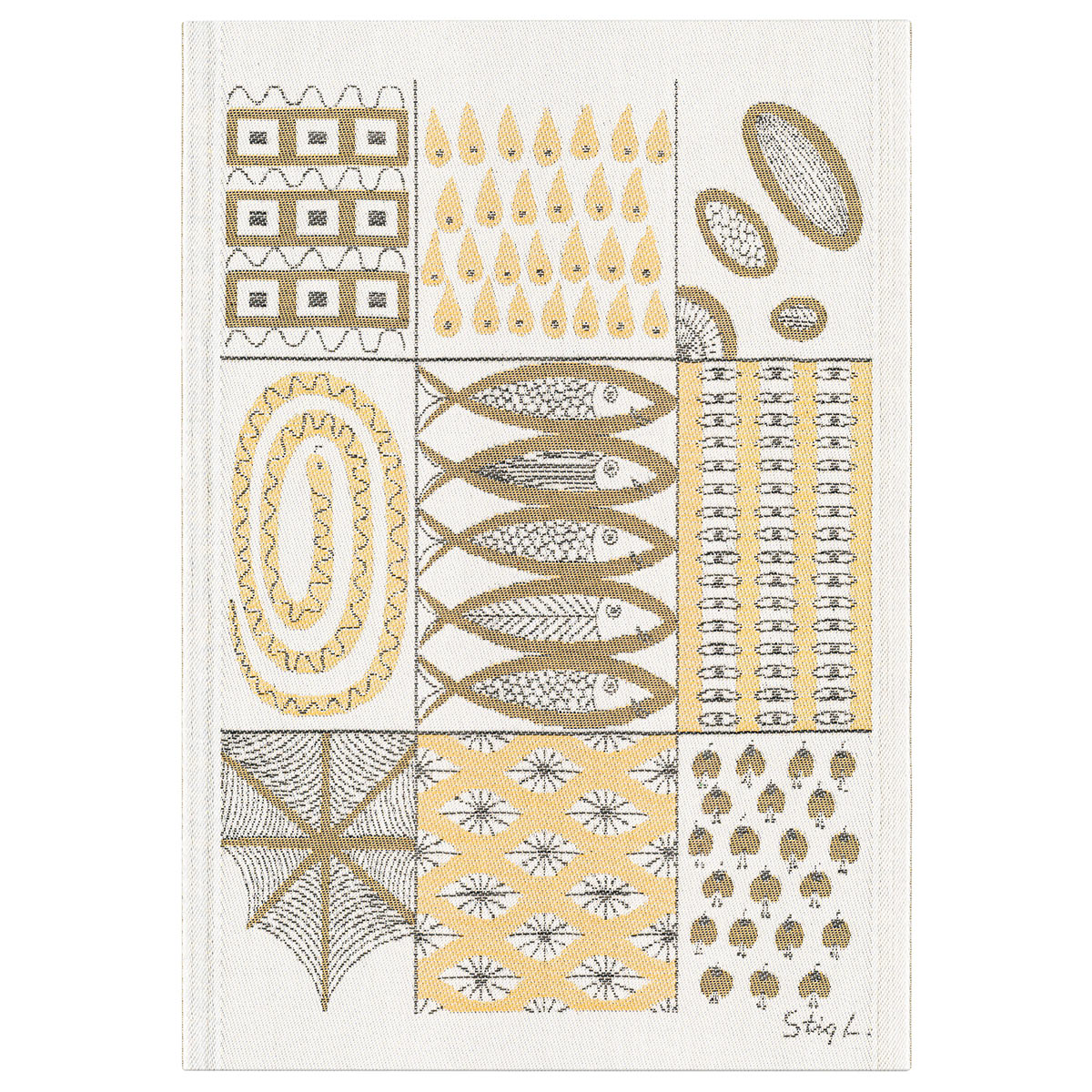 Ekelund Fiskglanta hand towel featuring an abstract fish pattern in gold and black on a white background, by Stig Lindberg.