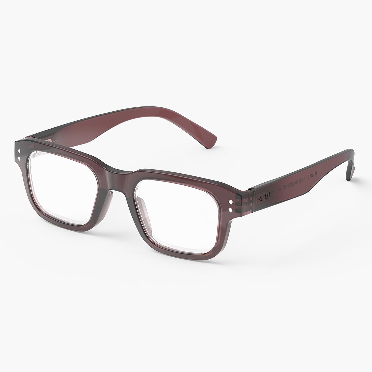 Pair of eyeglasses with a maroon frame on a white background