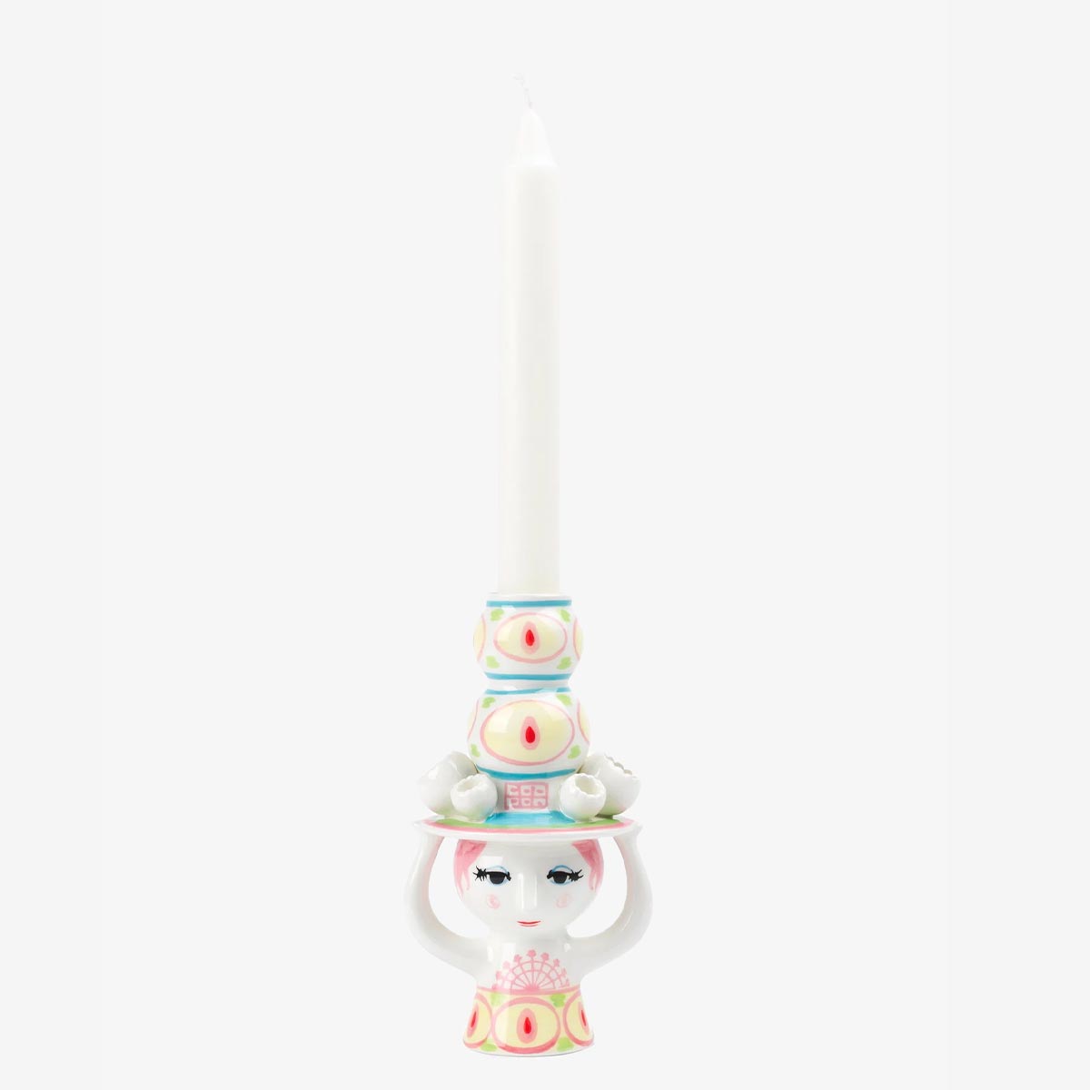 Bjorn Wiinblad lady with hat yellow and pink candleholder on a white background