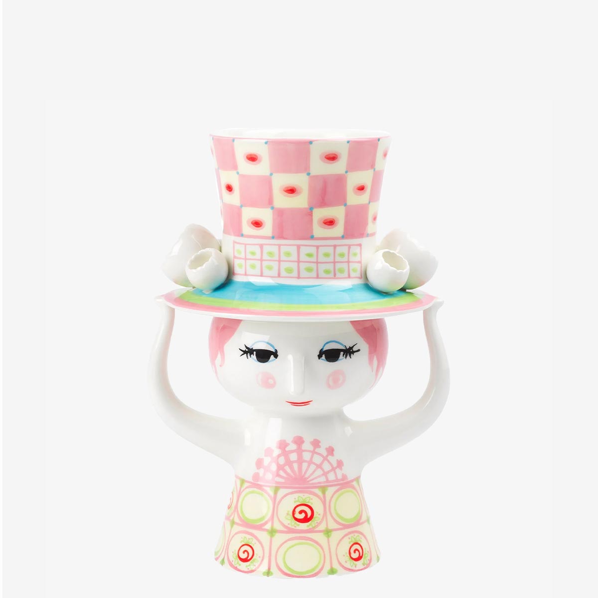 Bjorn Wiinblad Lady with hat vase pink and yellow on a white background