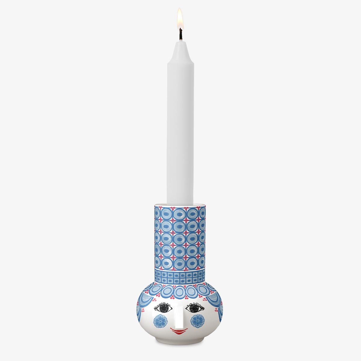 Bjorn Wiinblad Blue Candle holder with decorative face design on a white background