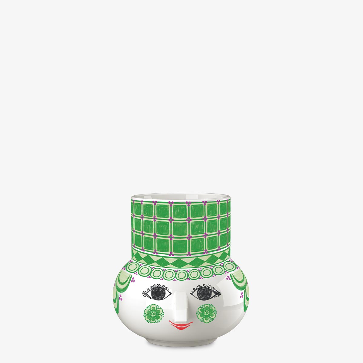 Bjorn Wiinblad ceramic candle holder with a face design and green pattern on a white background