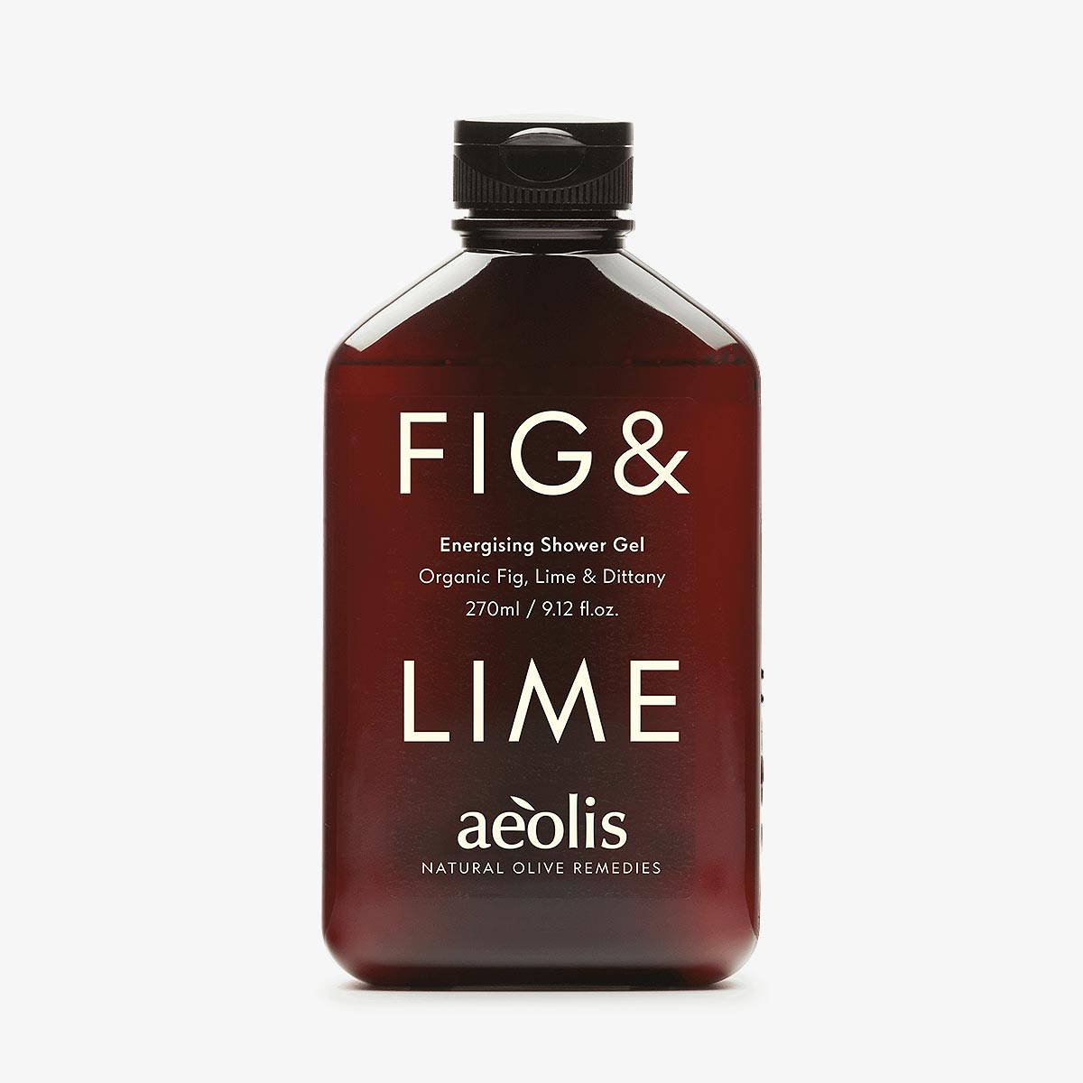 brown shower gel bottle labelled 'Fig & Lime' by aeolis on a white background