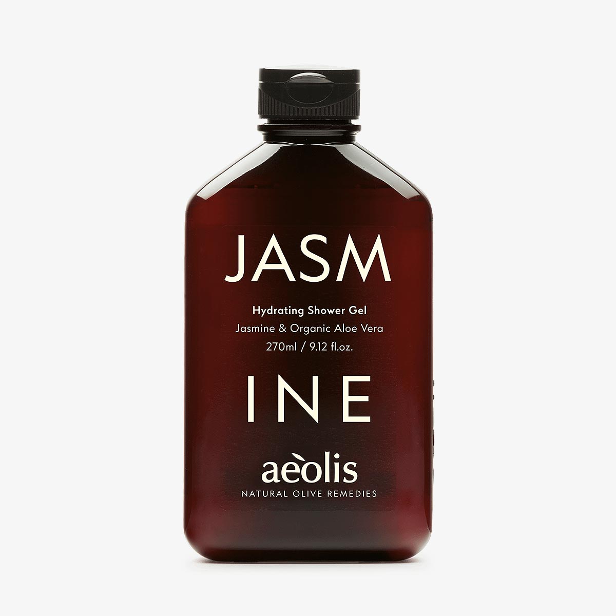 Brown bottle of Jasmine aeolis shower gel with black cap on a white background
