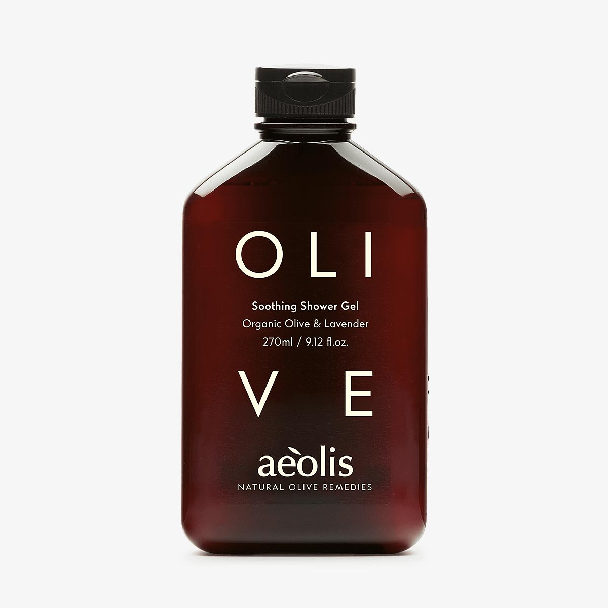 Brown bottle of aeolis soothing olive shower gel on a white background