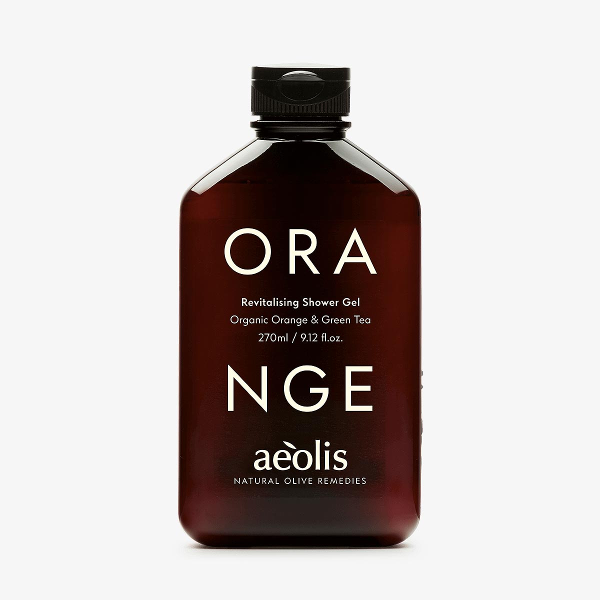 Brown bottle of aeolis Orange shower gel on a white background