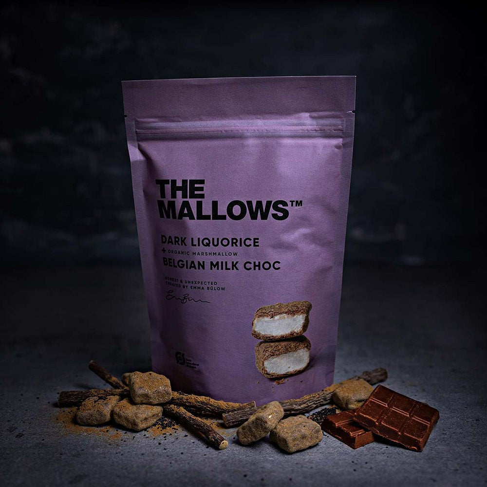 The Mallows Dark Liquorice & Belgian Milk Chocolate Organic Marshmallows