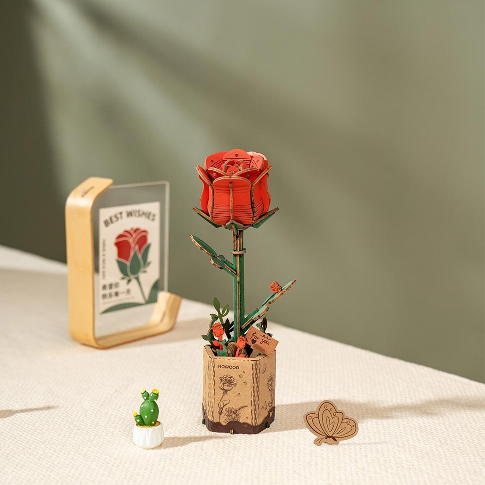 Red Rose 3D Wooden Flower Puzzle by Robotime