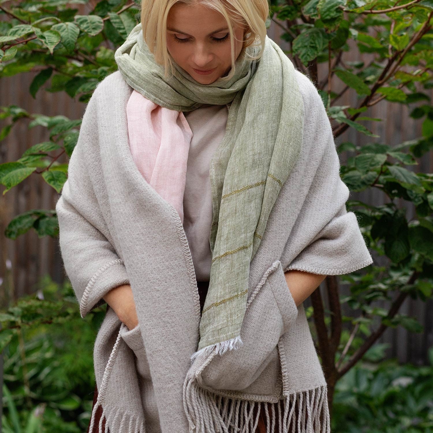 Made-to-order Beige fringed deals shawl with pockets