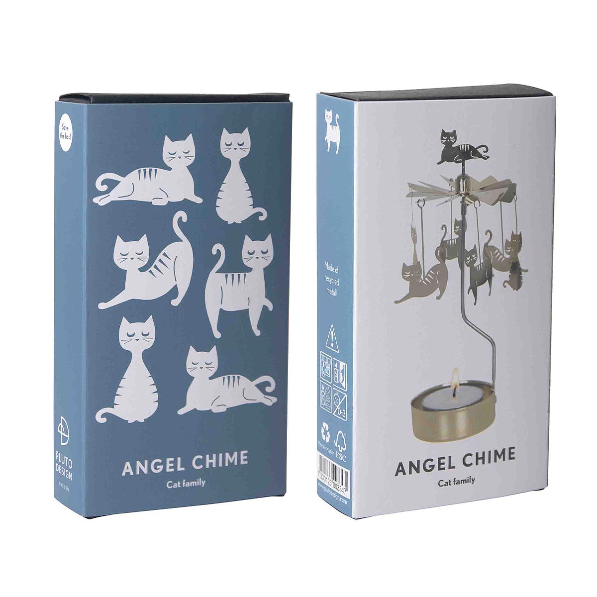 Two packaging boxes for a Pluto Angel Chime with cat illustrations.