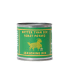 Green can of seasoning mix with humorous label on a white background