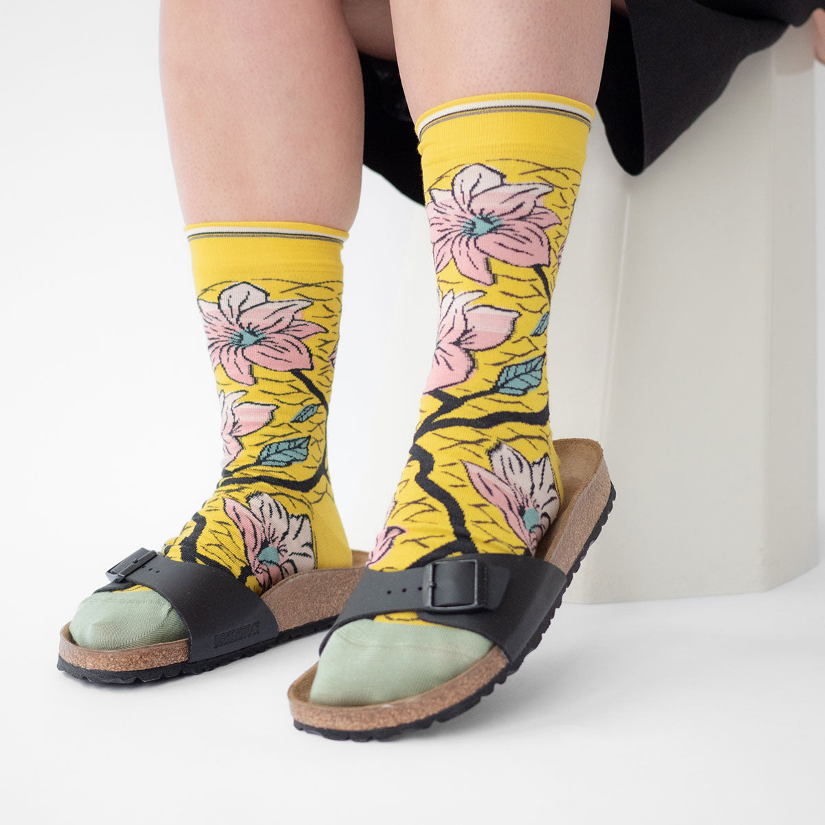 Bonne Maison Pink Flower Sulphur Socks on feet