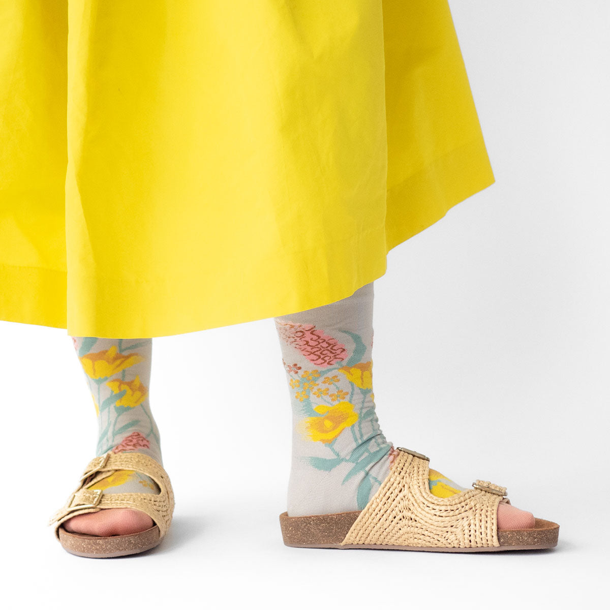 Bonne Maison Yellow Flower Celadon Socks on feet