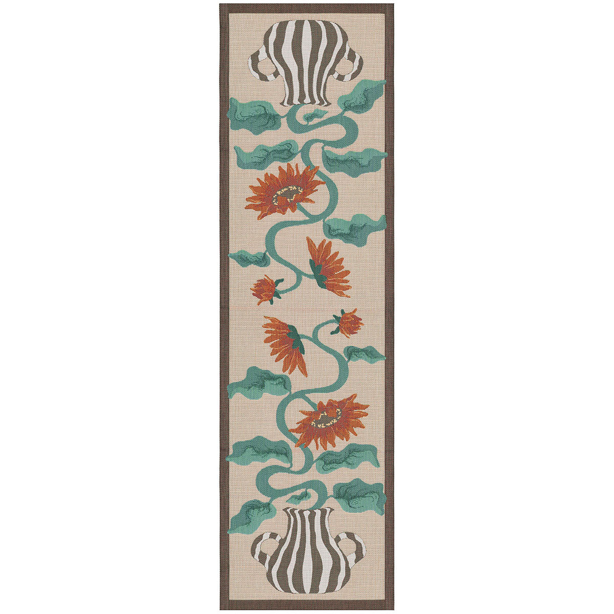 Ekelund 'amanda' table runner with two sunflowers growing out of a black and white stiped handled vase 