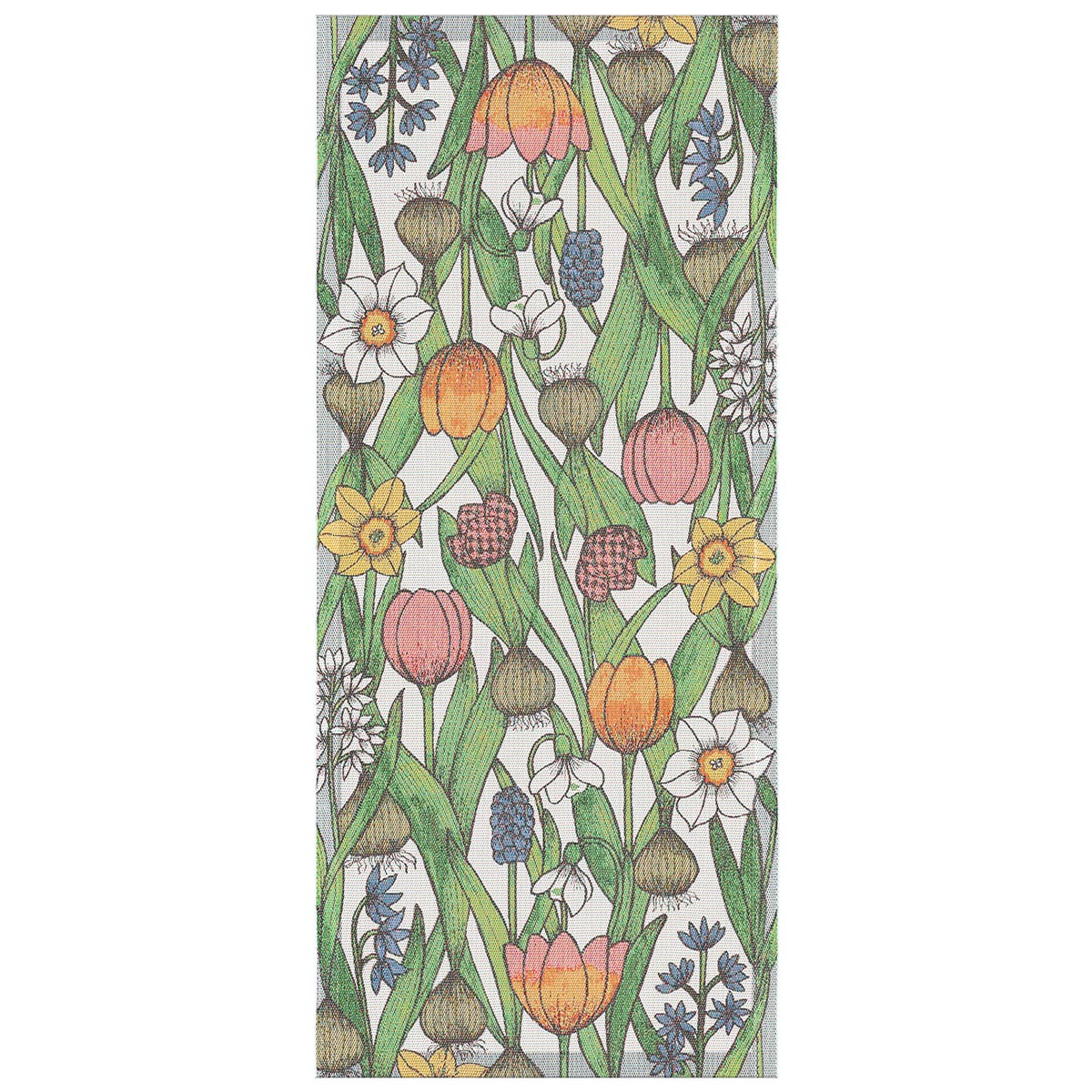 Ekelund 'Blomsterlok' table runner with tulips, daffodils and other assorted flowers on a white background