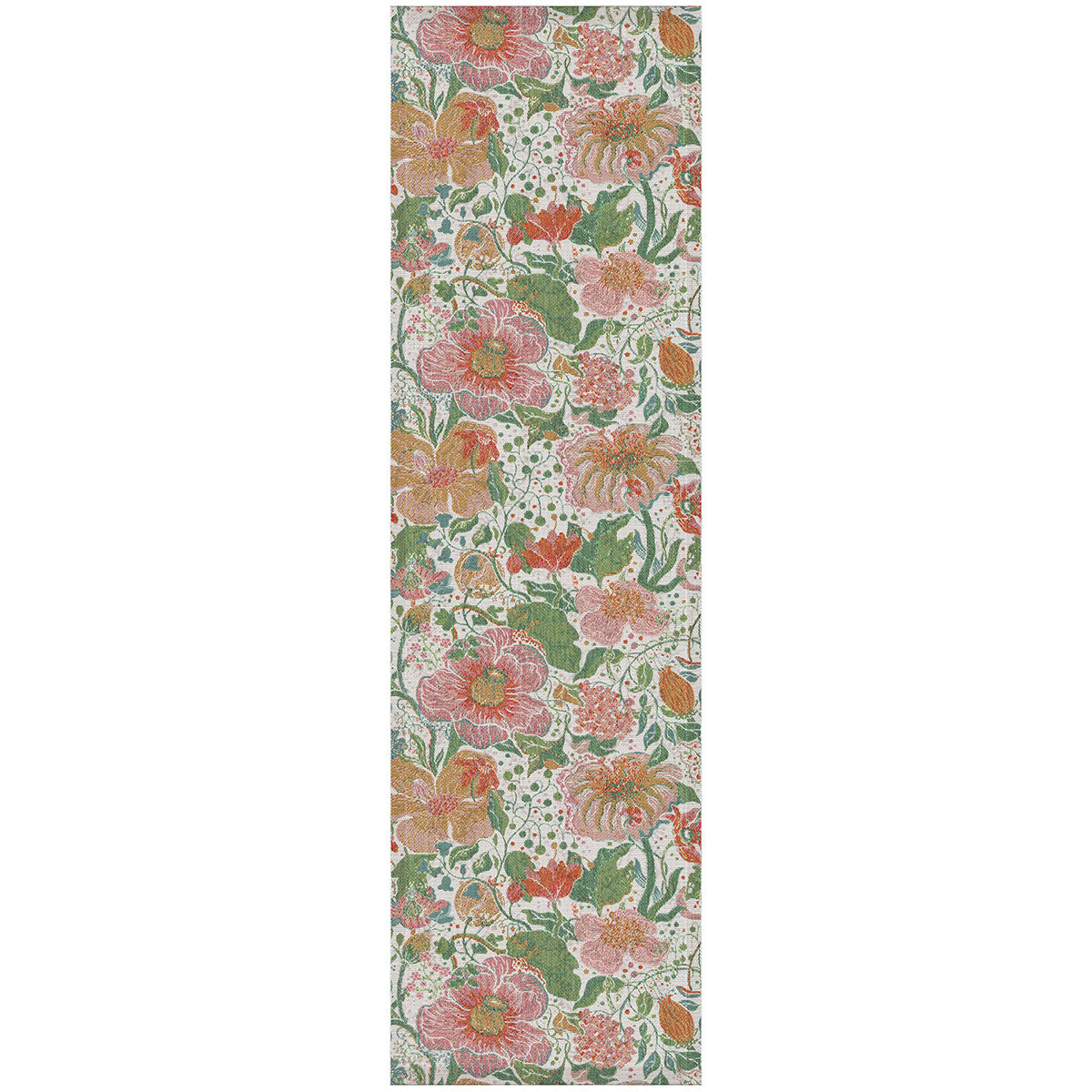 Ekelund 'Fiona' floral cotton table runner with red pink green and orange flowers on a white background
