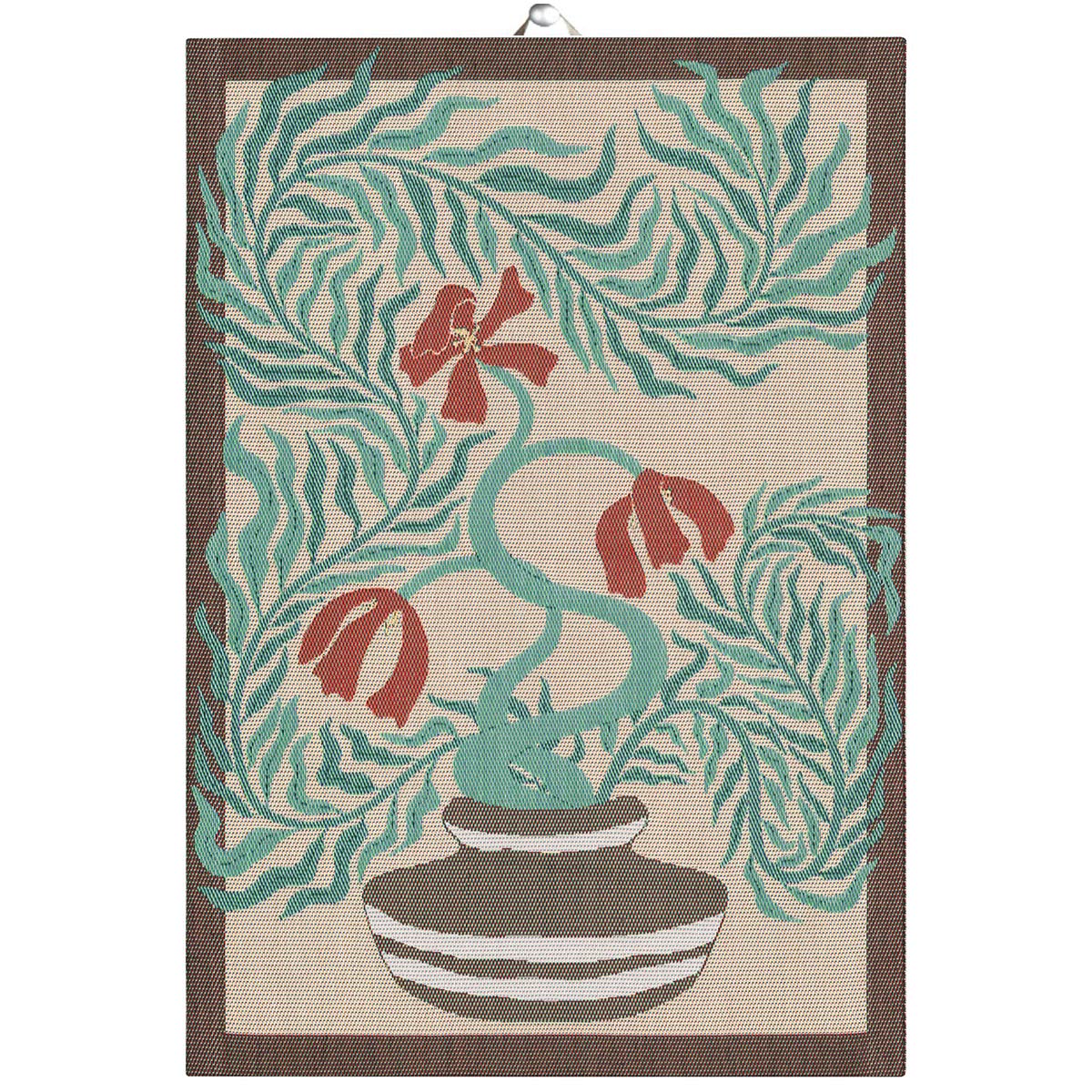 Ekelund 'lollo' Hand towel with red flowers and green artistic leaves blooming out of a black and white striped vase