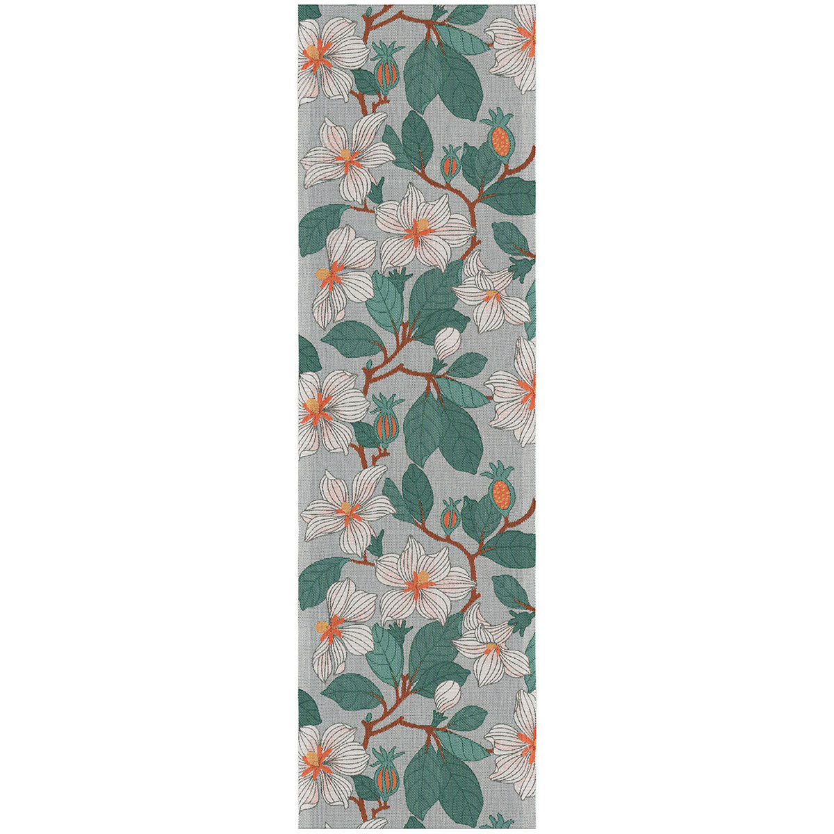 Ekelund 'Magnolia' table runner with white and orange magnolia flowers with green leaves