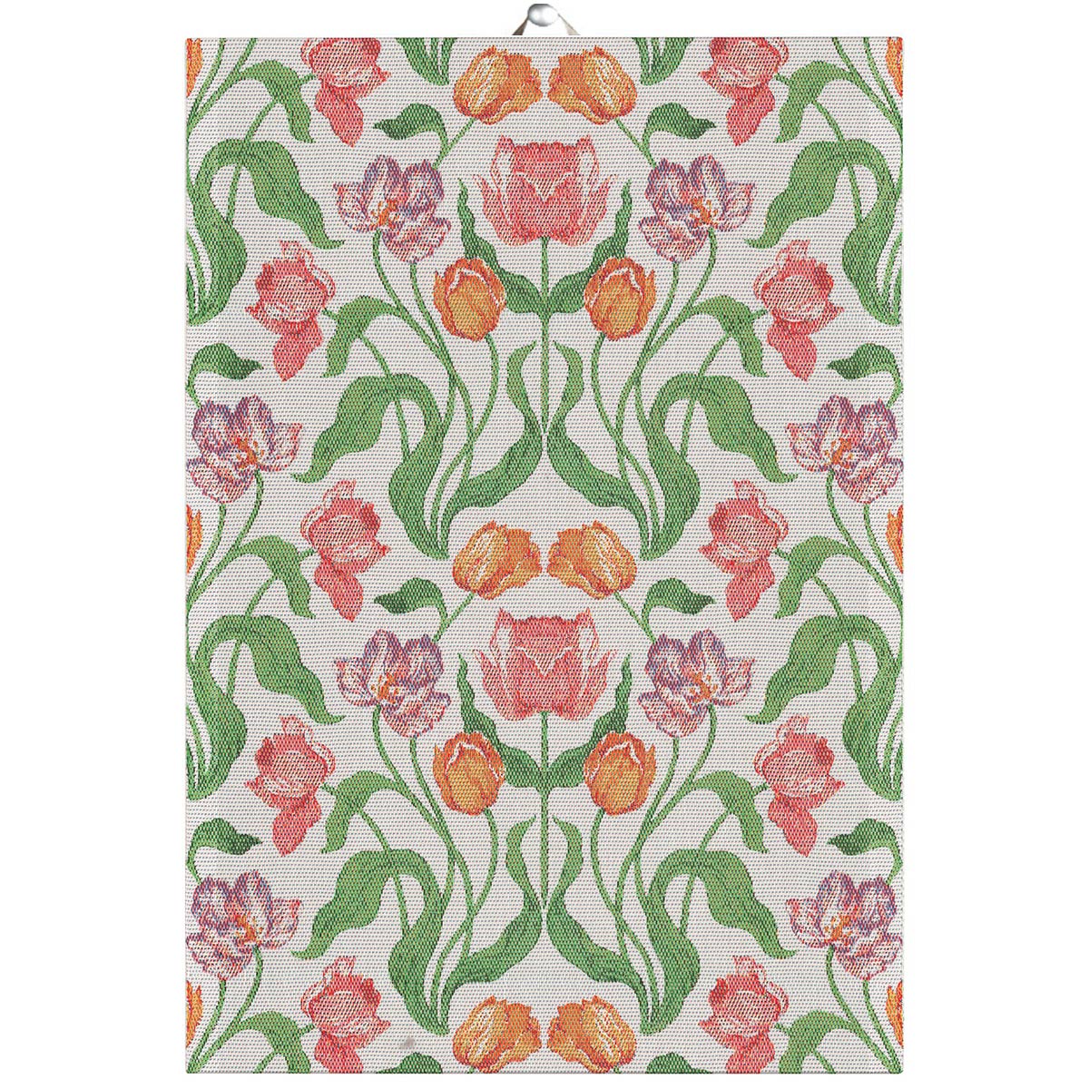 Ekelund 'Sonja' hand towel with pink orange and purple tulips in a repearing pattern on a white background
