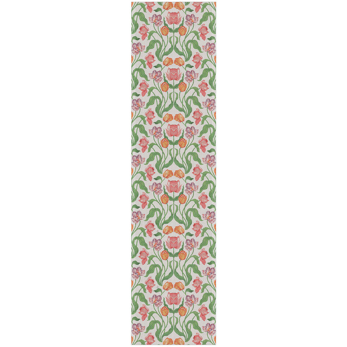 Ekelund 'Sonja' table runner with orange purple and pink tulips on a white background