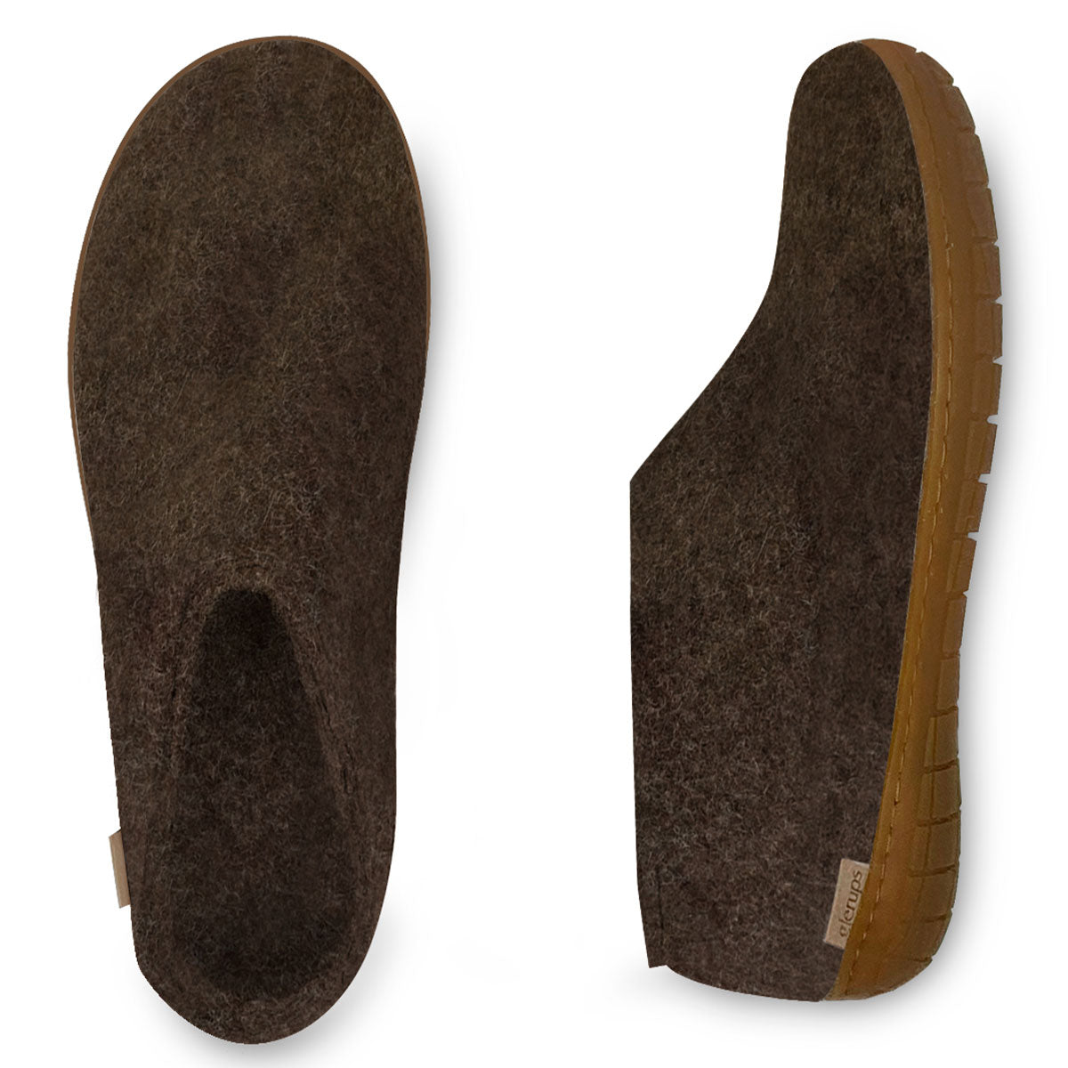 Arial and side view of Glerups shoe with natural rubber sole in chestnut colour
