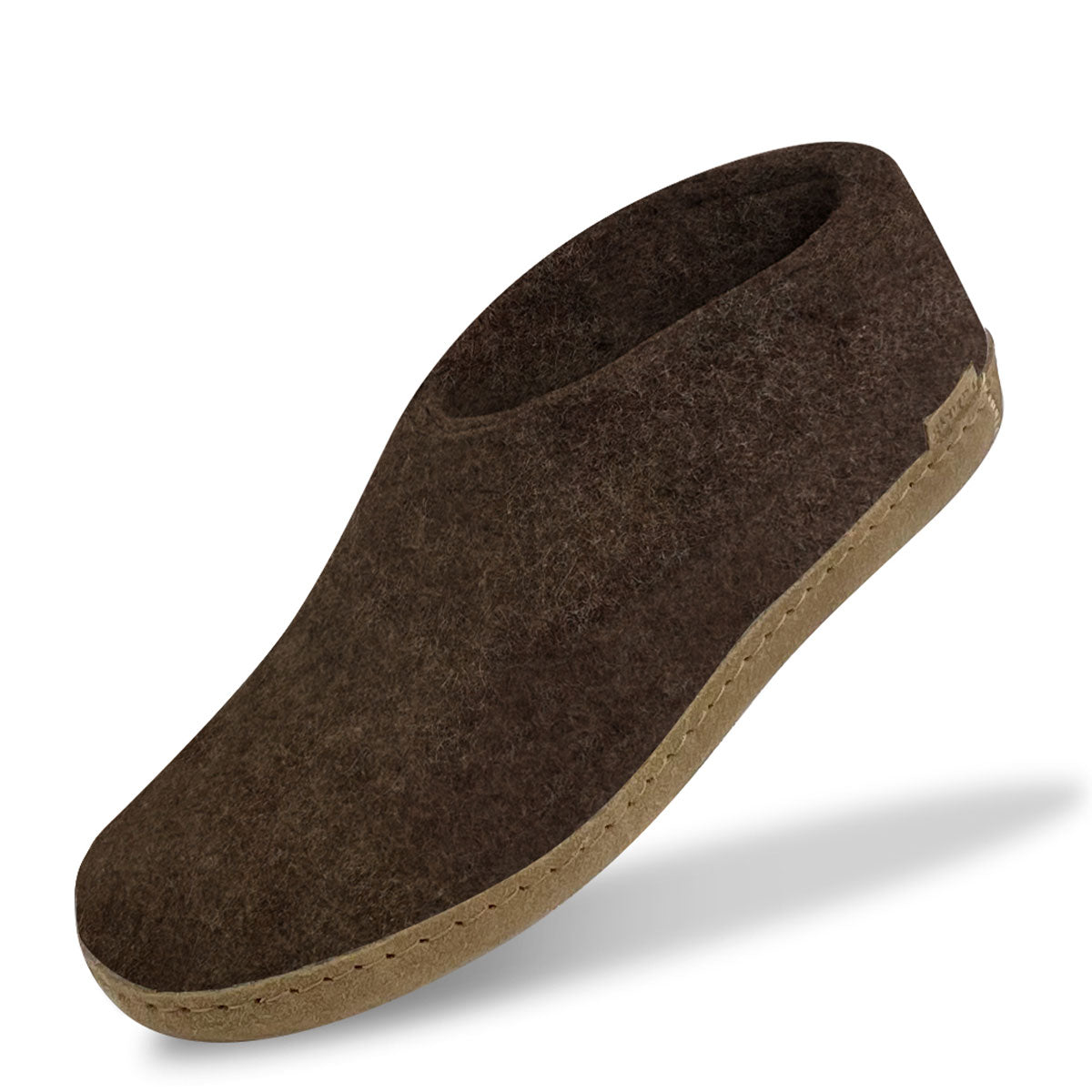 Angled view of a single Glerups Shoe with Leather soles in Brown