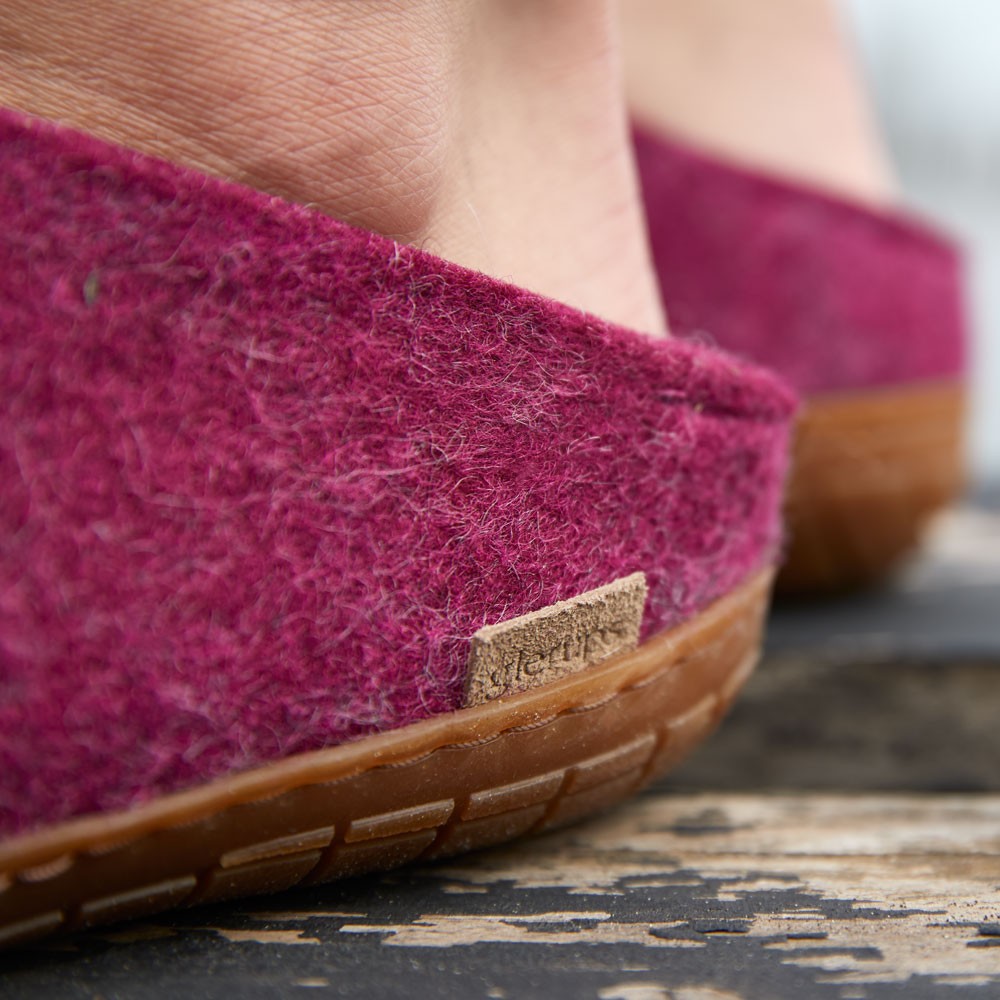 Close up of woman wearing Glerups Felt Rubber Sole Mule - Cranberry