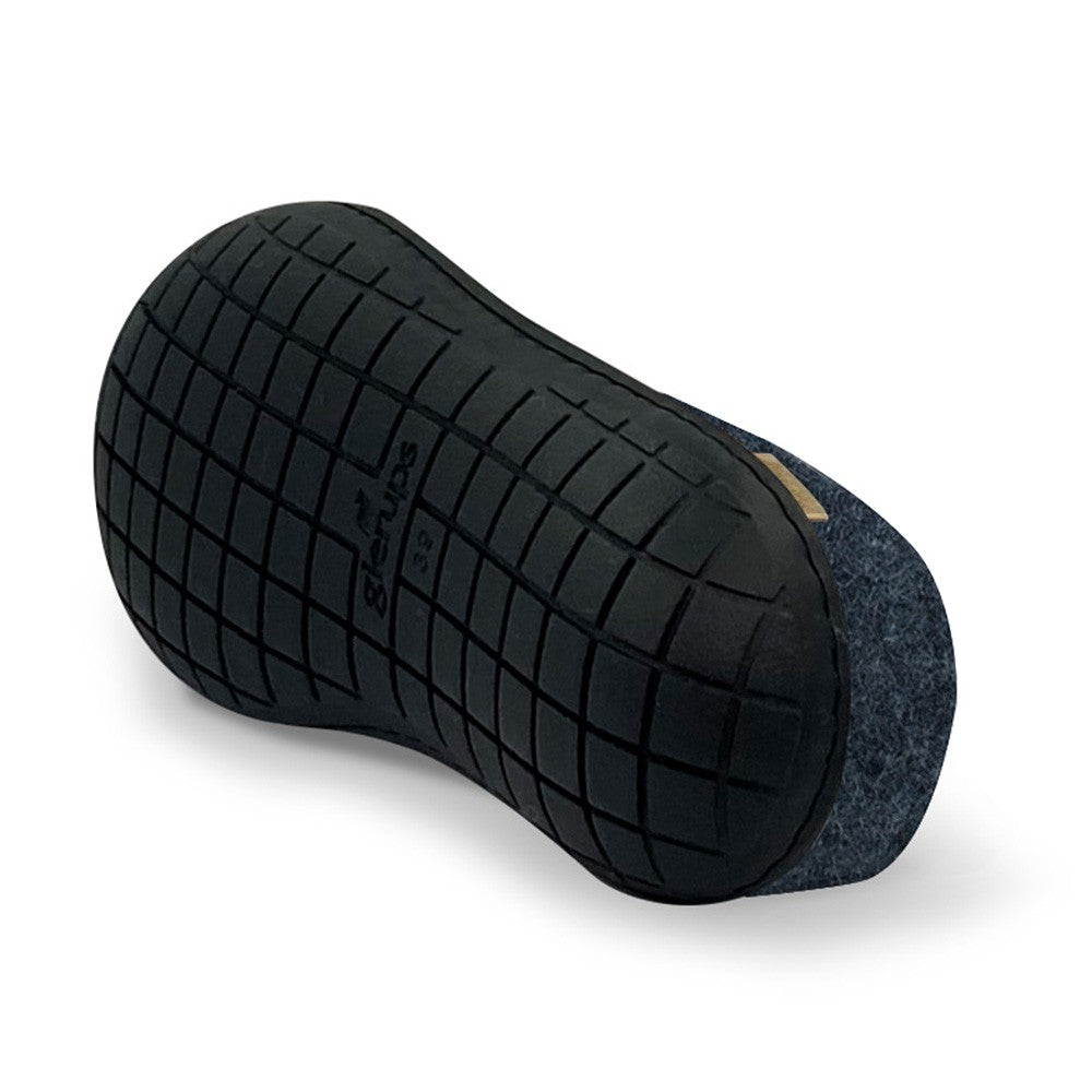 Underside view of Glerups Felt Black Rubber Sole Mule - Denim