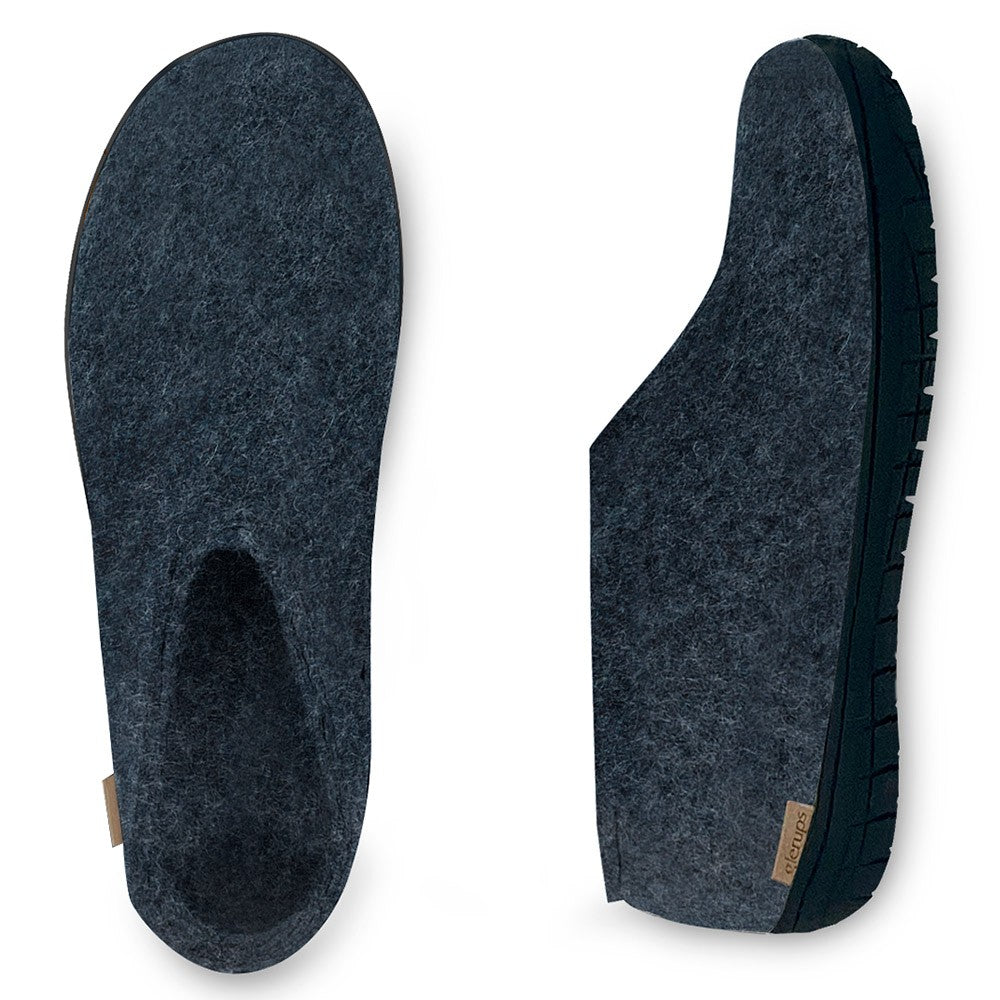 Arial and side view of Glerups Felt Black Rubber Sole Shoe - Denim