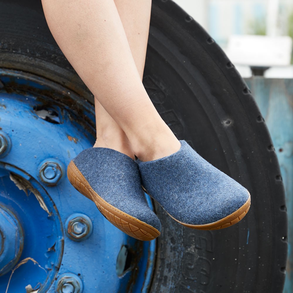 A woman wears Glerups Felt Rubber Sole Shoe - Denim