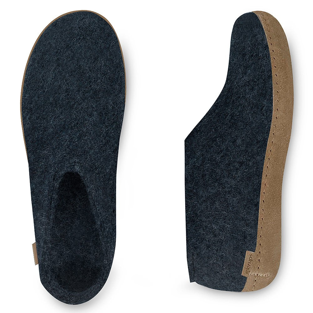 Arial and side view of Glerups leather soled shoes in denim 