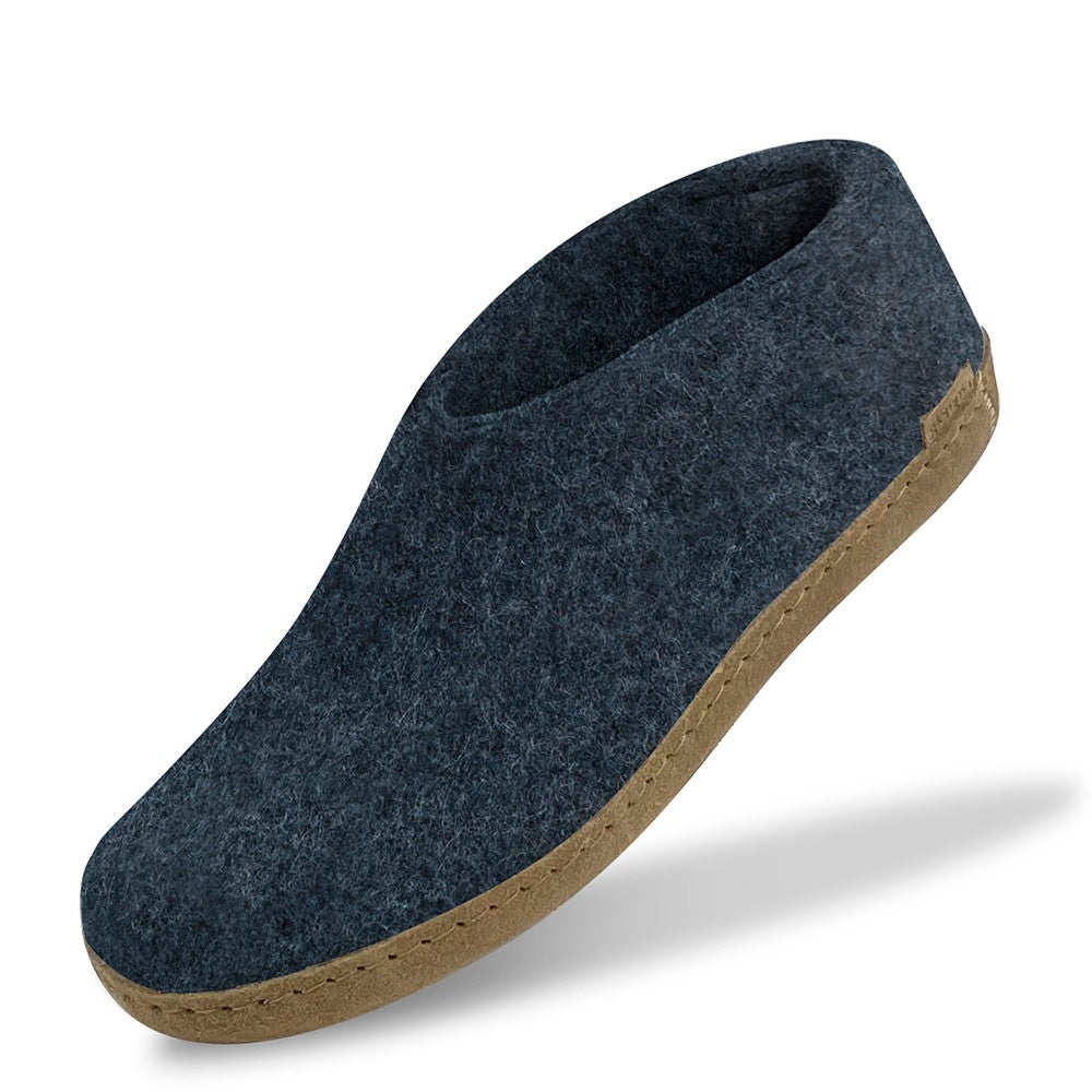 Angled view of glerups leather soled shoes in denim